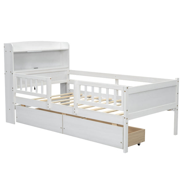English Elm Wood Twin Size Platform Bed with Built-in LED Light, Multifunctional Headboard, Guardrail & Storage Drawers White N709P243969K