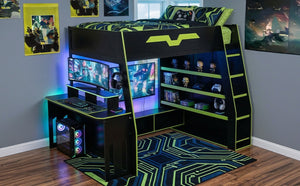 English Elm Full Size Wood Loft Bed with Rgb Lighting Desk and Multi-tier Shelves for Gaming Green LT000374AAG
