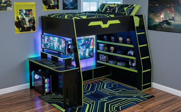 English Elm Full Size Wood Loft Bed with Rgb Lighting Desk and Multi-tier Shelves for Gaming Green LT000374AAG