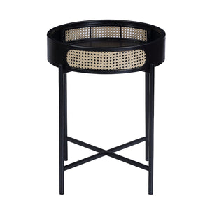 English Elm Round Retro Round End Table with Open Top, Wood Texture & Mesh Border, Black Metal Legs for Stylish Storage B016P323428