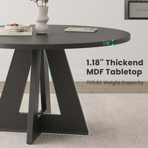 English Elm 47" Round Wood Dining Table Seats Six with Industrial Metal Base for Modern Homes Black T3623P433916