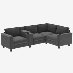 English Elm sofa L-Shaped 6-Seater Grey Fabric with Center Island, USB Charging, Cup Holders & Storage Space W680P314067
