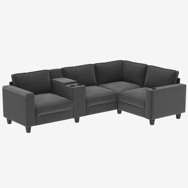 English Elm sofa L-Shaped 6-Seater Grey Fabric with Center Island, USB Charging, Cup Holders & Storage Space W680P314067