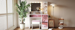 English Elm Vanity Desk with Hollywood Bulbs Glass Top Pink Glam Drawers and Cushioned Stool N704P340246K