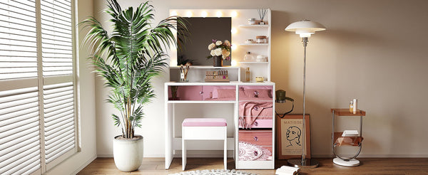 English Elm Vanity Desk with Hollywood Bulbs Glass Top Pink Glam Drawers and Cushioned Stool N704P340246K