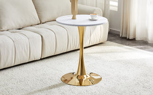 English Elm Round Faux Marble Tulip Dining Table Mid Century Pedestal Base for Compact Kitchens Gold+White W2920P395717