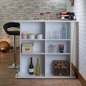 English Elm Kite Gloss White High-Gloss Bar Table with 6 Open Storage Cubies, Wooden Top & Metal Footrest B2726P339285