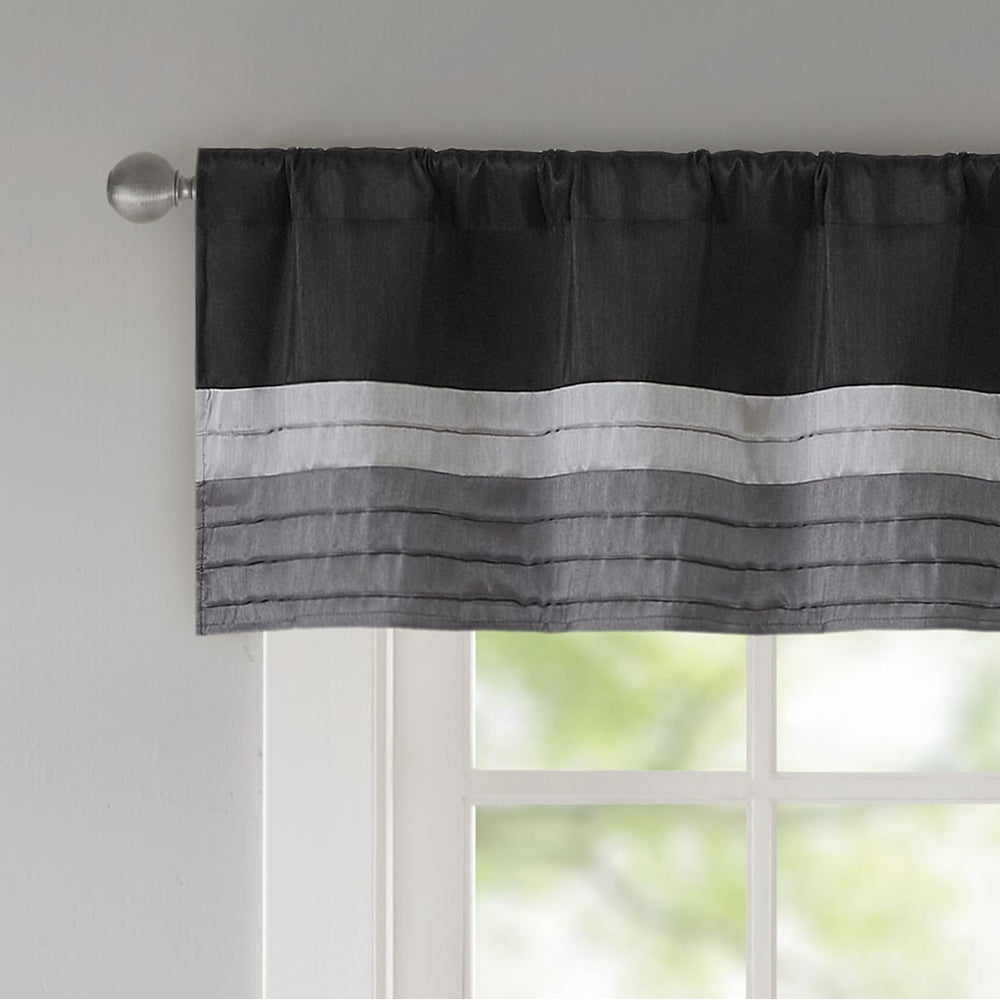 JLA Home Madison Park - Polyoni Pintuck Window Valance with Lined Striped Texture, Tailored Fullness & Easy Rod Pocket Black MP41-2226