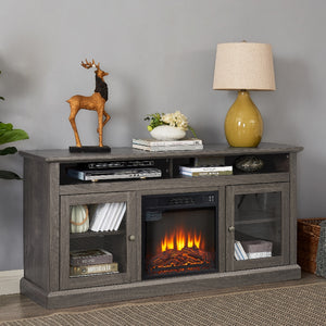 English Elm Retro TV Stand Dark Walnut 60" Console with 18" Fireplace Insert, Storage Cabinets, Open Shelves, Fits 65" TVs W2275S00010