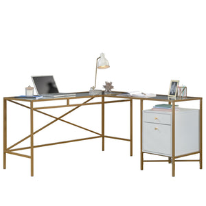 English Elm L-Shaped Desk With Elegant White Finish & Gold Accents - Spacious, Stylish, Multifunctional Workspace B356P367736
