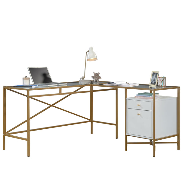 English Elm L-Shaped Desk With Elegant White Finish & Gold Accents - Spacious, Stylish, Multifunctional Workspace B356P367736
