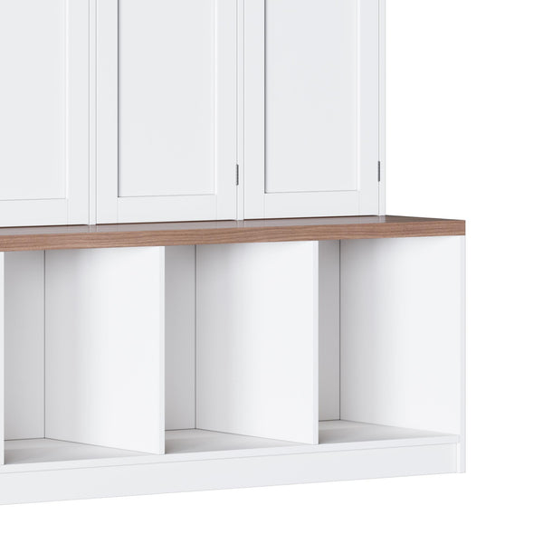 English Elm [Assembly Farmhouse Hall Tree with Walnut Bench & 8 Cabinets, 4 Hooks, Shoe Storage and Anti-Tip Design White N721P286082K