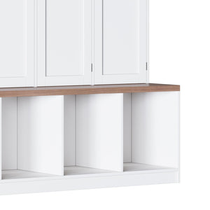 English Elm Farmhouse Hall Tree with Triple Arch Back Panel Eight Hooks Drawers and Entryway Bench White N721S000059K-1