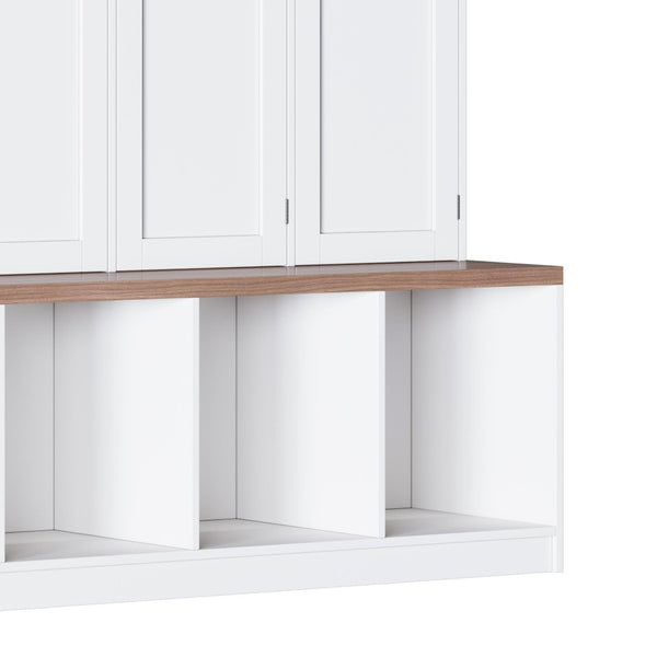 English Elm Farmhouse Hall Tree with Triple Arch Back Panel Eight Hooks Drawers and Entryway Bench White N721S000059K-1