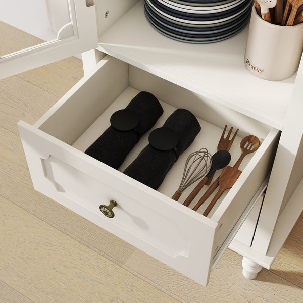 English Elm Minimalism Creamy White Buffet Cabinet with Tempered Glass, Solid Wood Legs, Drawer & Adjustable Shelves (Modern) W2557P347167