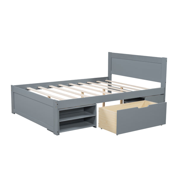 English Elm Full Size Platform Bed with Storage Drawers & Shelves, Gray MDF Construction, 400lb Capacity, Sturdy Design N709P214183E
