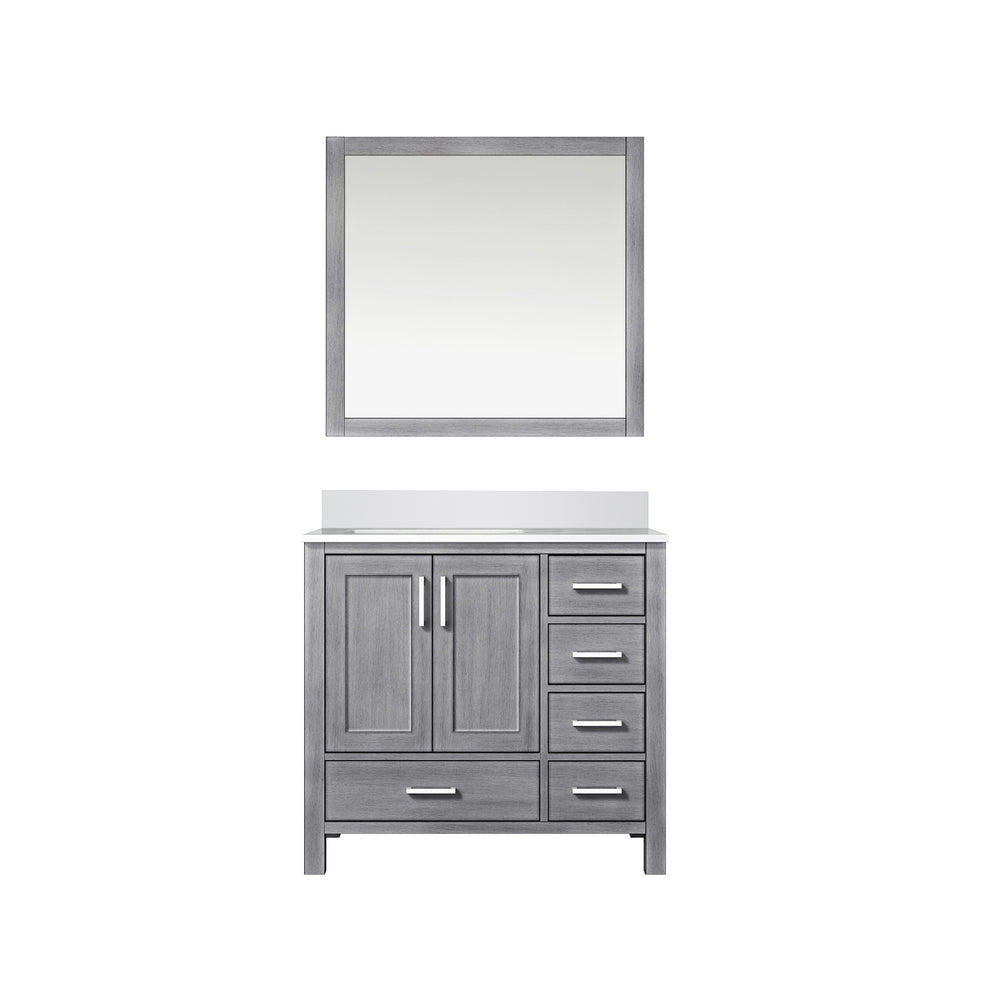English Elm Distressed Grey Bath Vanity 36" W x 22" D with Left Offset White Quartz Top, Soft-Close Drawers & Mirror B2731S00689