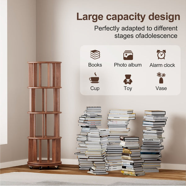 English Elm 100%solid Rubberwood Rotating Tower Bookcase with Locking Wheels 4 Tier Round Shelf W2987P337932