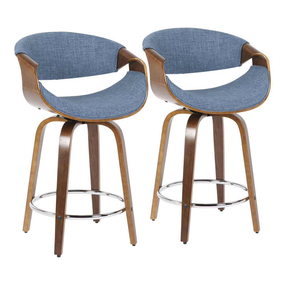 English Elm Curvini Walnut Mid-Century Counter Stool Set of 2 with Blue Fabric, 360° Swivel, Curved Arms, 25" high B202S00027