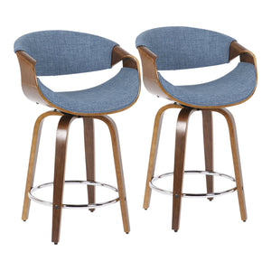 English Elm Curvini Walnut Mid-Century Counter Stool Set of 2 with Blue Fabric, 360° Swivel, Curved Arms, 25" high B202S00027