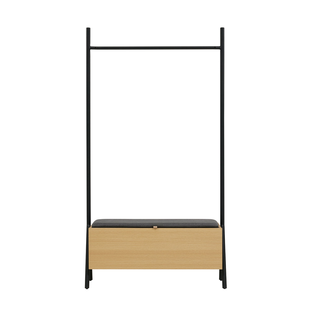 English Elm Paloma 38" Open Hanging Closet with Lift-Top Linen Bench, Light Oak, Black Rod, 2-Seat Storage Elegance B365S00136