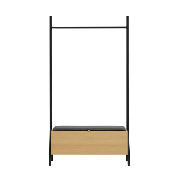 English Elm Paloma 38" Open Hanging Closet with Lift-Top Linen Bench, Light Oak, Black Rod, 2-Seat Storage Elegance B365S00136