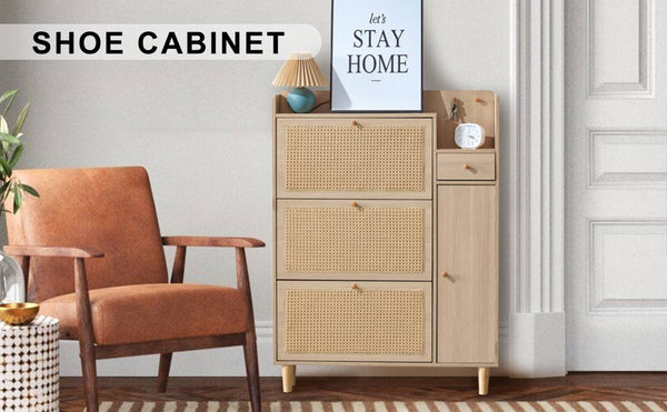 English Elm Modern minimalist wood rattan shoe cabinet with vine design – compact MDF storage for halls, living rooms W1512P360384