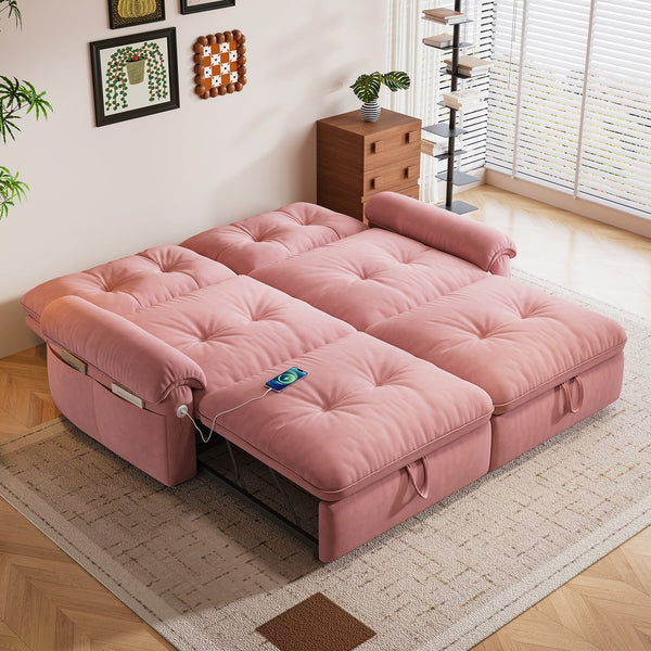 English Elm It 77-inch convertible velvet sofa bed, 2-in-1 loveseat to guest bed with steel frame, high-resilience foam comfort Pink W3820S00016