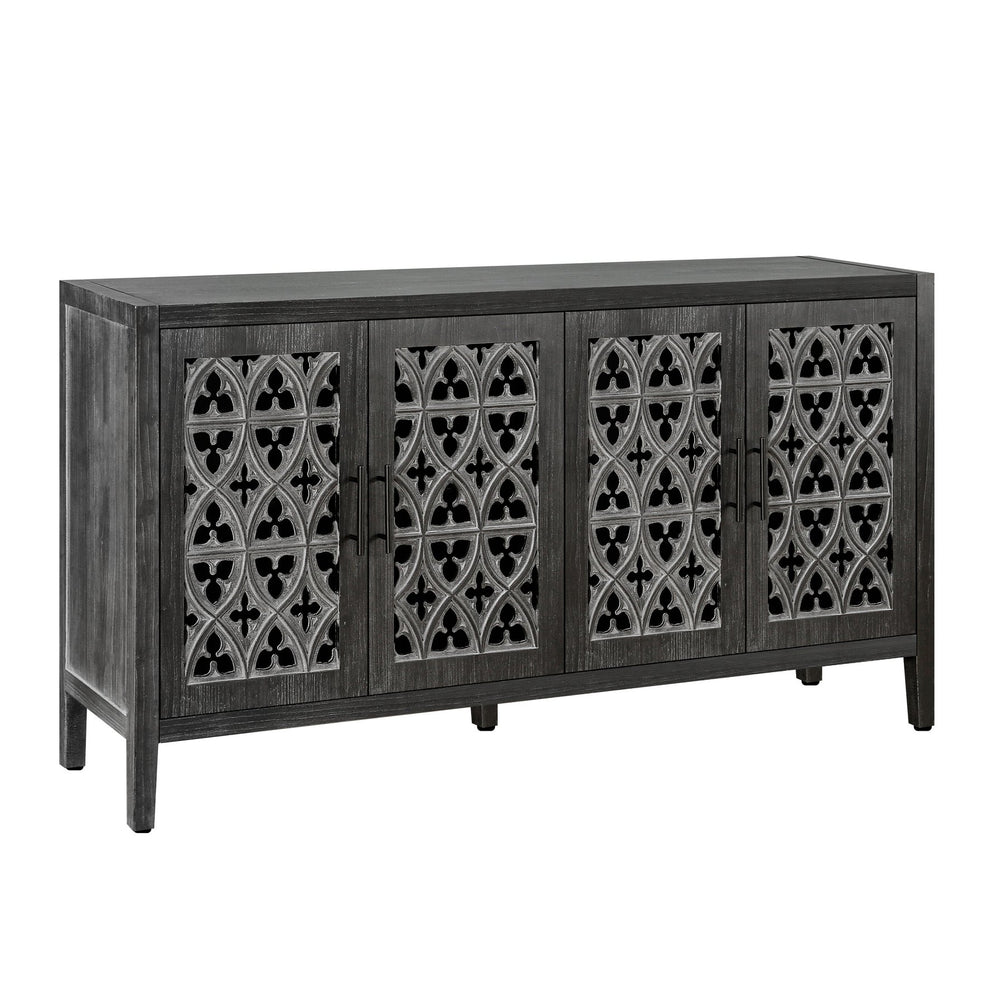 English Elm Hollow Four Door Wooden Cabinet with Floral Carved Doors, Slim Console Sideboard for Living Room TV Storage Antique Black W1445P146389