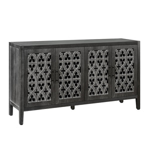 English Elm Hollow Four Door Wooden Cabinet with Floral Carved Doors, Slim Console Sideboard for Living Room TV Storage Antique Black W1445P146389