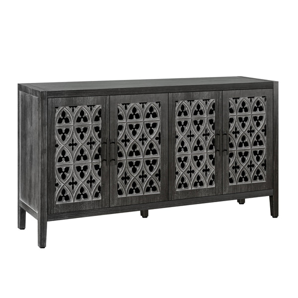 English Elm Hollow Four Door Wooden Cabinet with Floral Carved Doors, Slim Console Sideboard for Living Room TV Storage Antique Black W1445P146389