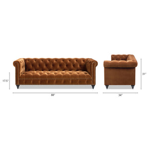 English Elm Jennifer Taylor Home - Alto 88" Tufted Chesterfield Sofa in Burnt Orange Performance Velvet — Handcrafted, Nailhead Trim, Durable Comfort B2719P280169