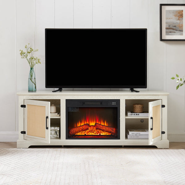 English Elm Natural Rattan TV Stand Console with Fireplace Insert, 65" Wide Entertainment Center, Adjustable Shelves, Cable Management, Boho Midcentury Blend White W1758S00021
