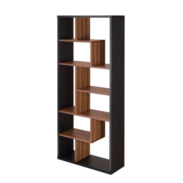 English Elm Mileta Modern Black & Walnut Bookcase – 9 Staggered Cubes, 5 Shelves, Veneer PB Frame, Versatile Display Storage B2726P395536
