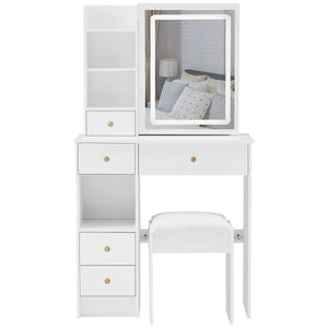 English Elm 29.2" Compact Left Drawer Vanity Table Set With Touch Control Led Mirror & Cushioned Stool For Small Spaces W3258P299611