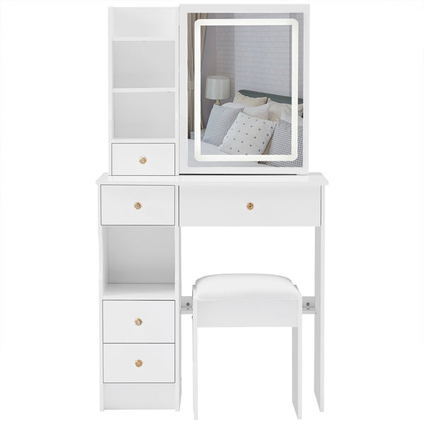 English Elm 29.2" Compact Left Drawer Vanity Table Set With Touch Control Led Mirror & Cushioned Stool For Small Spaces W3258P299611