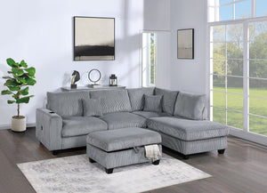 English Elm Contemporary 3pc Sectional Set with USB Charging, Corduroy Upholstery, Storage Ottoman & Pillows Fog 77 L x 35 W x 17 H B011S01239