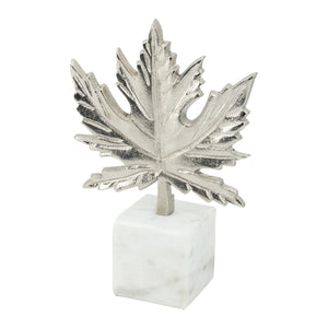 English Elm 7x3x10.5" Aluminum Leaf Sculpture on Marble Base — Elegant Silver Finish, Modern Home Accent, Gift Idea W2078P361046