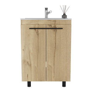 English Elm Free Standing Sink Cabinet Light Oak Beige, 23.8" Engineered Wood Vanity with Sink, 2 Shelves, FSC Compliance B097S00152