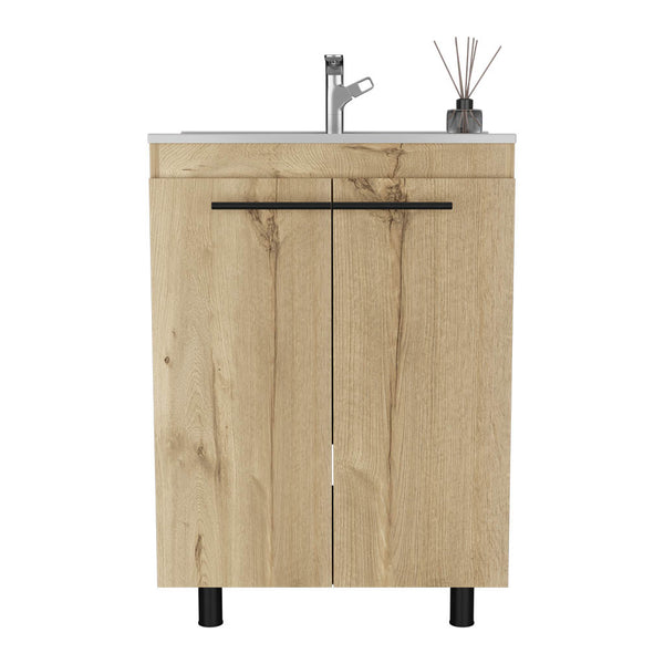 English Elm Free Standing Sink Cabinet Light Oak Beige, 23.8" Engineered Wood Vanity with Sink, 2 Shelves, FSC Compliance B097S00152