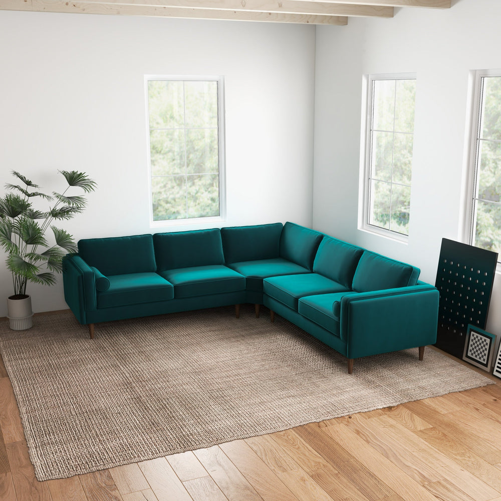 English Elm Ashcroft Furniture - Amber Teal Velvet Corner Sectional Sofa — Mid-Century Teal Velvet, Solid Wood Frame, Removable Cushions, Plush Comfort B183S00070