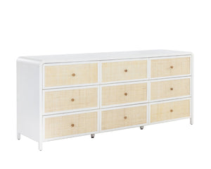 Sunpan TIERRA Dresser - Coastal Charm with Artisan Rattan, Antique White Finish, 9 Spacious Drawers for Storage 109790