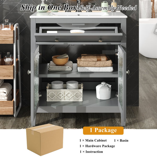 English Elm Christopher Knight Home® - 30" Bathroom Vanity with Ceramic Sink, Solid Wood Legs, Adjustable Shelf, Tip-Out Tray, Soft-Close Hinges, Silver Knobs, Moisture-Resistant Finish Gray N817P286250G