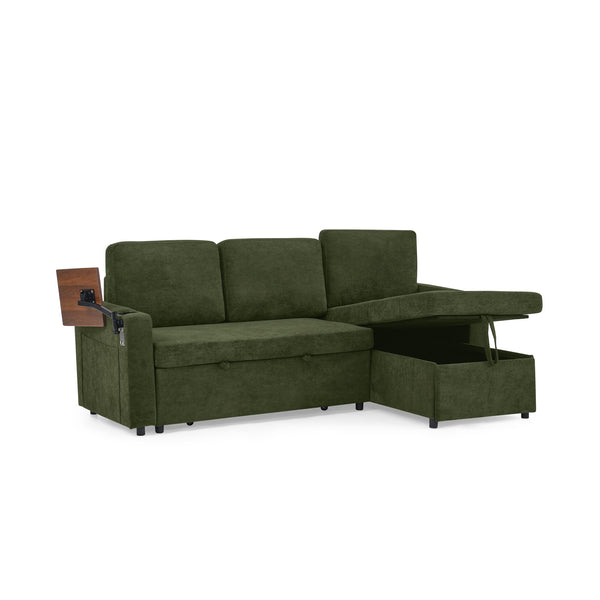 English Elm Modern Chenille Sofa Bed With Retractable Table, Led Lights, Usb Ports & Cup Holders – Green Comfort W1413S00097