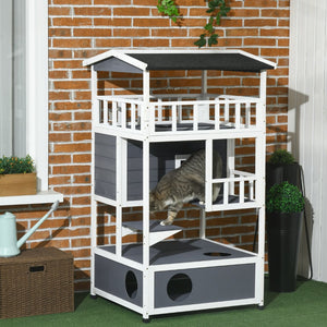 English Elm Pawhut Wooden Multi-Level Cat House - Cozy Outdoor Feral Shelter With Escape Doors & Roof, Grey W2225P217564-GIGA