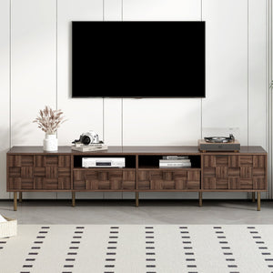 English Elm Mid retro TV Stand for TVs up to 85" — Medieval-inspired media console with 2 drawers, 4 cabinets, cable management Dark Brown N710P193724Q