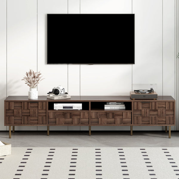 English Elm Mid retro TV Stand for TVs up to 85" — Medieval-inspired media console with 2 drawers, 4 cabinets, cable management Dark Brown N710P193724Q