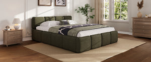 English Elm Queen Boucle Upholstered Platform Bed Low Profile Block Silhouette for Modern Bedroom N757P385459D