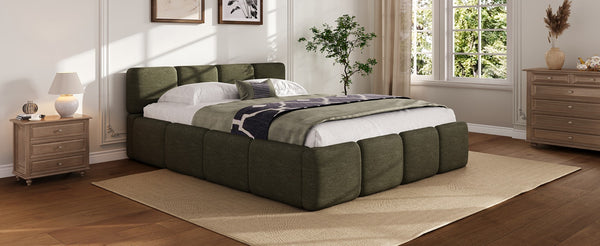 English Elm Queen Boucle Upholstered Platform Bed Low Profile Block Silhouette for Modern Bedroom N757P385459D