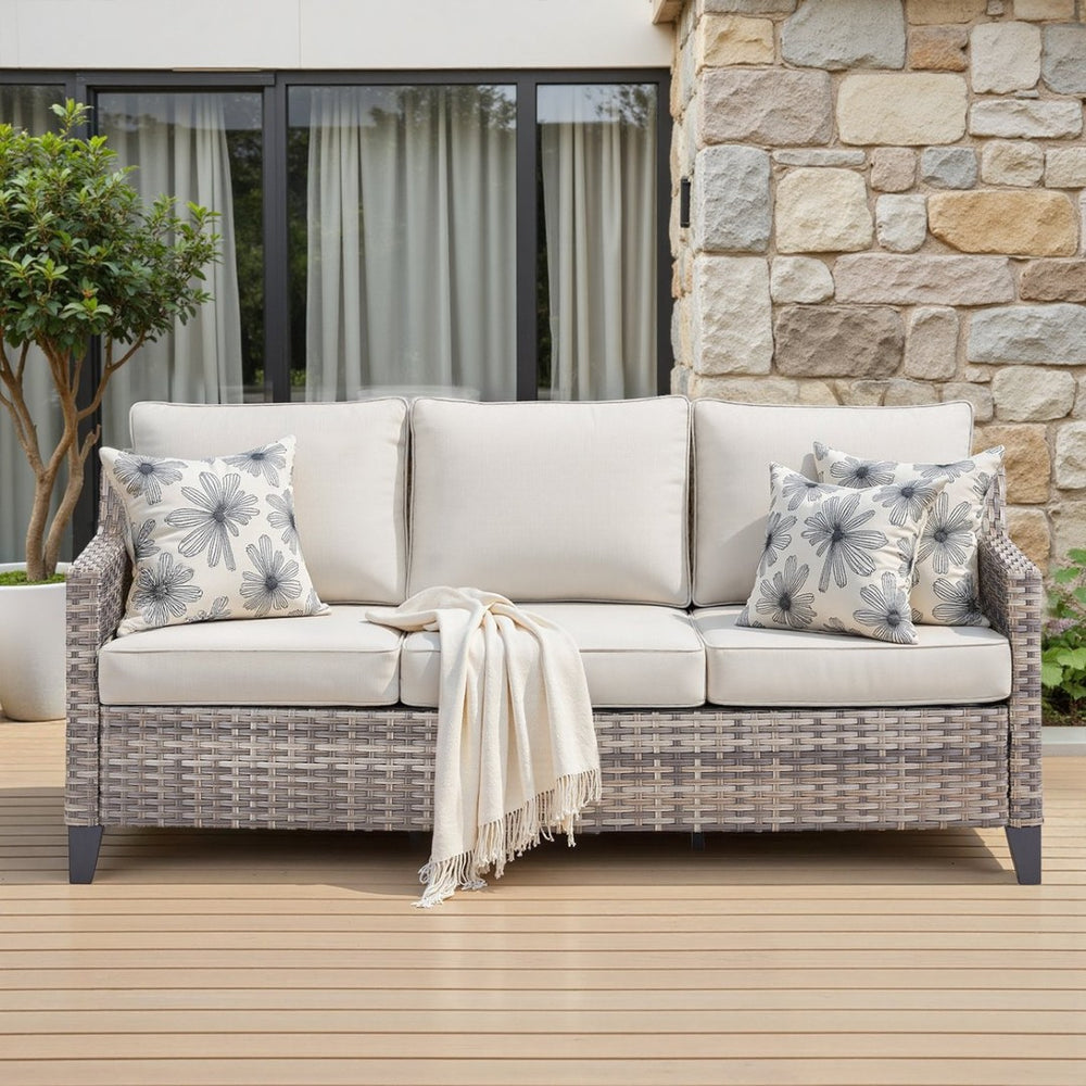 English Elm 73.2" Outdoor Handwoven Rattan 3 Seat Sofa with Olefin Cushions for Porch or Patio Beige T3773P416337